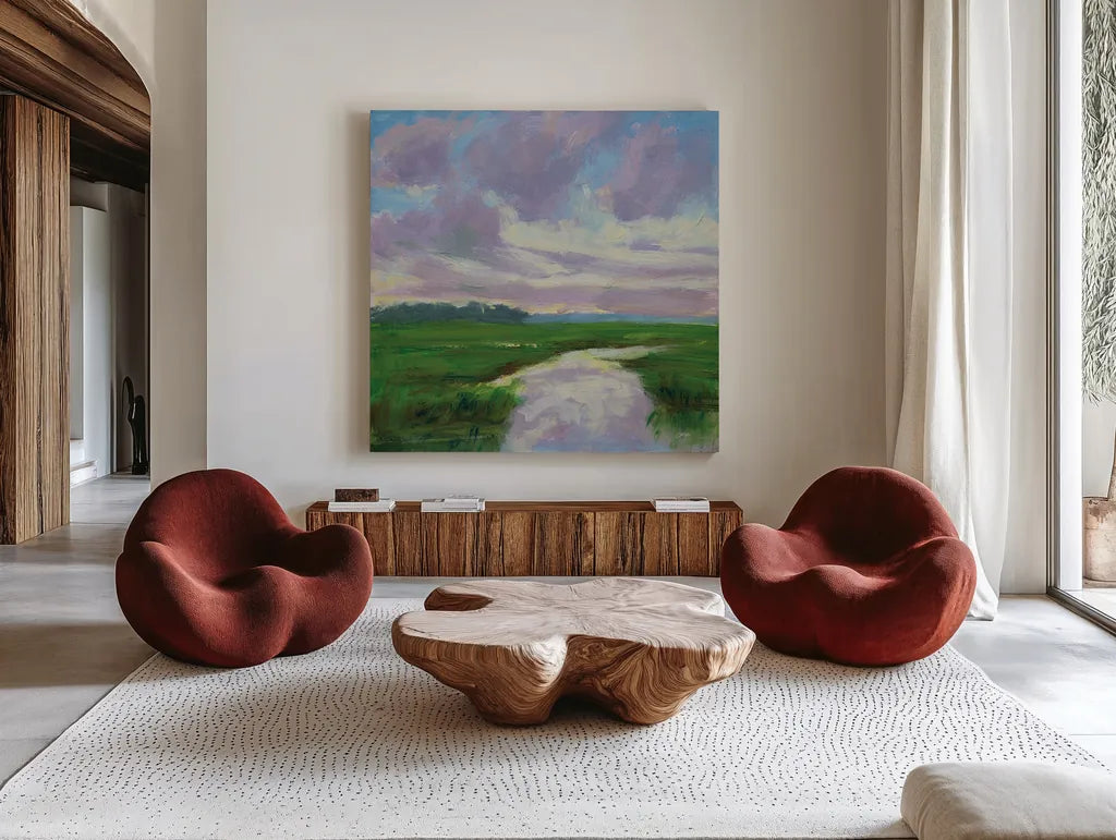Marsh Creek by Carson Overstreet. Shown as extra-large giant wall art in a modern living room. Available as an archival giclee rolled canvas, fine art paper, or poster print. SKU 99023a.