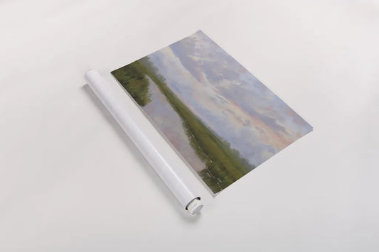 Misty Marsh Creek by Carson Overstreet. shown as a rolled paper print. Available as archival giclee rolled canvas, fine art paper, or poster print. SKU 99715i.