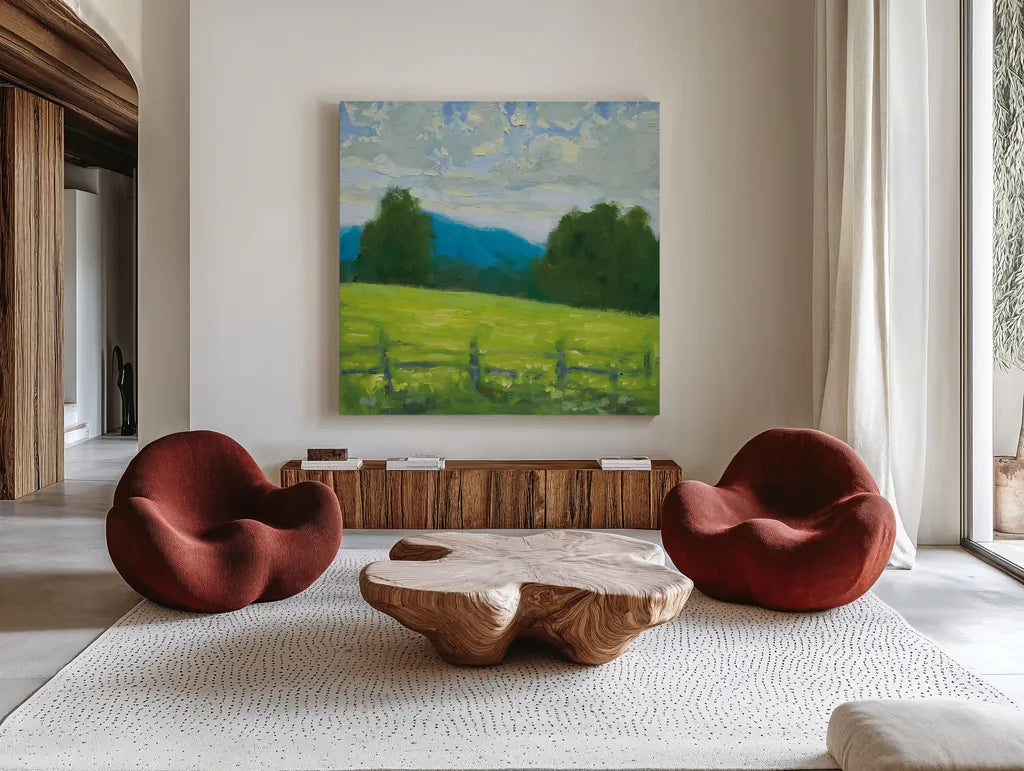Summer in the Mountains by Carson Overstreet. Shown as extra-large giant wall art in a modern living room. Available as an archival giclee rolled canvas, fine art paper, or poster print. SKU 99029a.