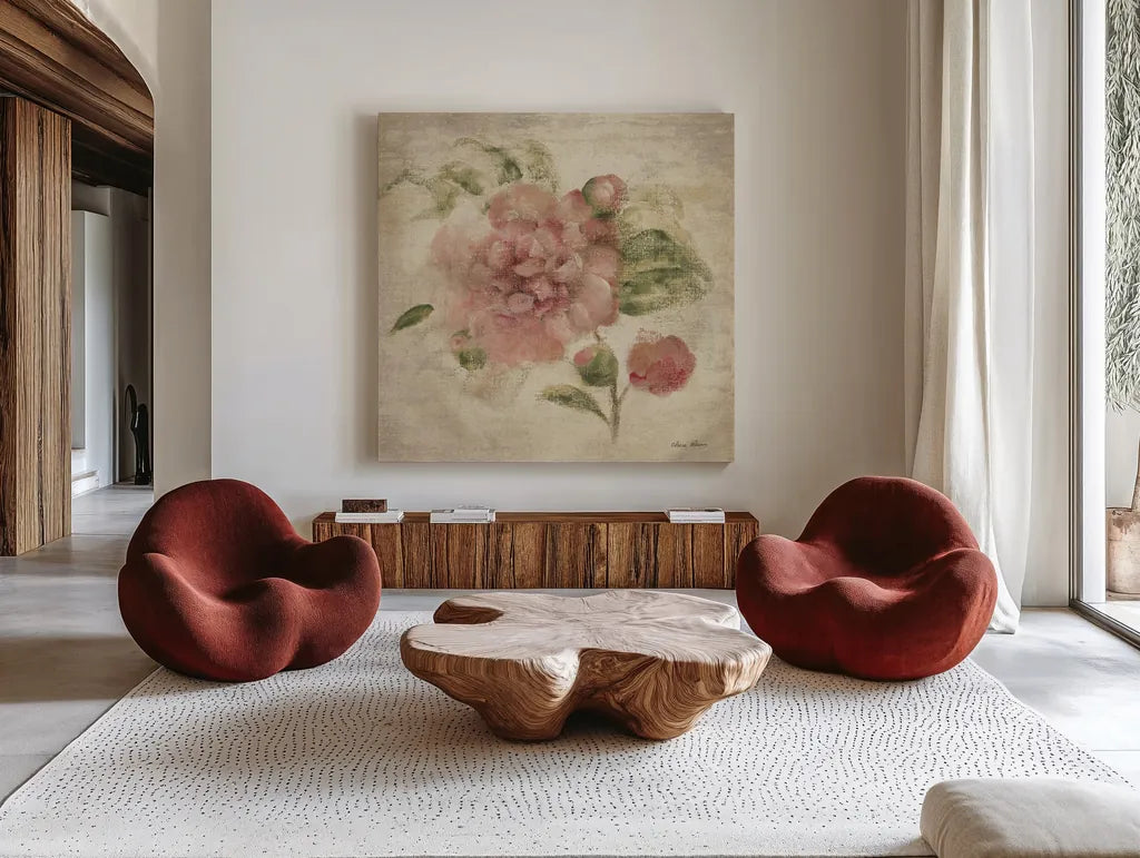 Dusty Pink Rose on Antique Linen Light by Cheri Blum. Shown as extra-large giant wall art in a modern living room. Available as an archival giclee rolled canvas, fine art paper, or poster print. SKU 90528a.