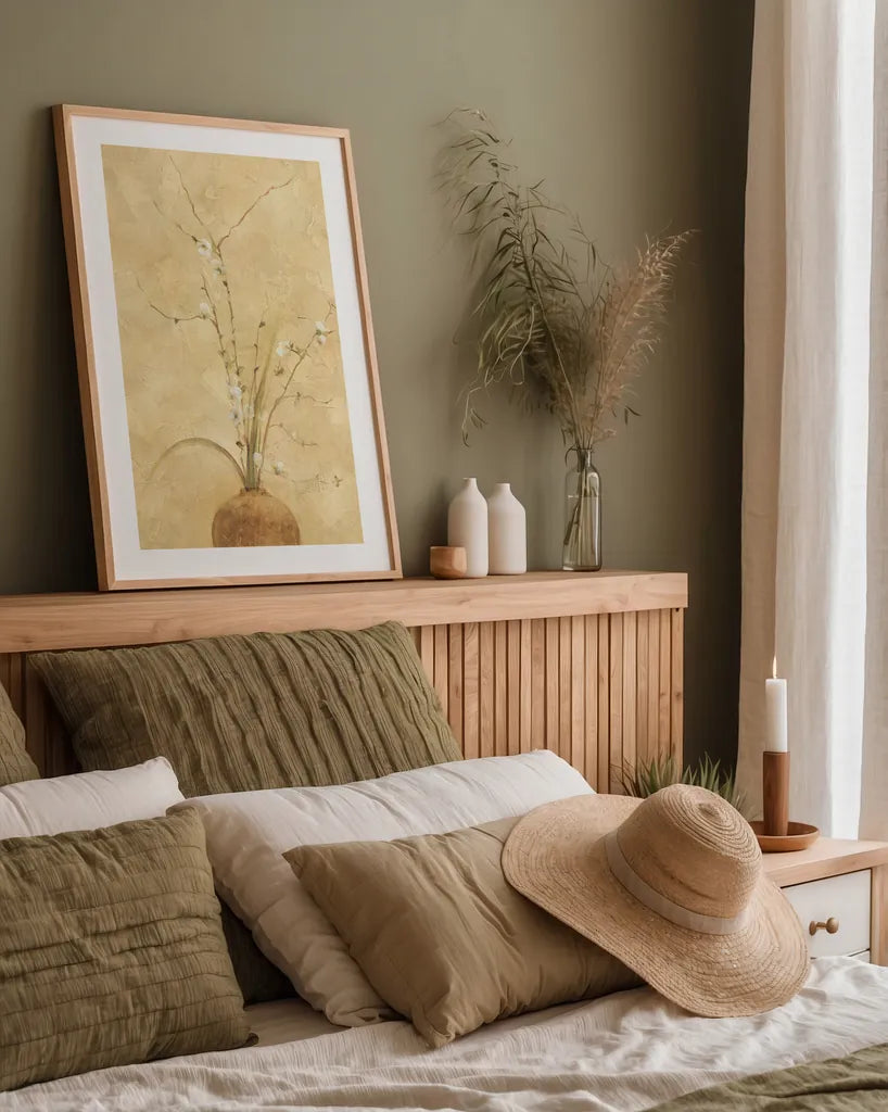 Flowering Plum by Cheri Blum. shown as a paper print in a natural frame. Available as a archival giclee rolled canvas, fine art paper, or poster print. SKU 6952h.