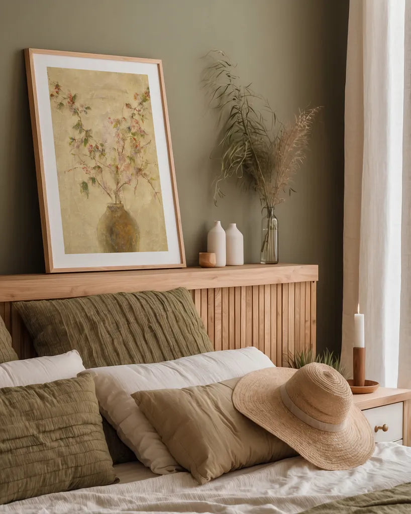 Ikebana Pink Blossoms by Cheri Blum. shown as a paper print in a natural frame. Available as a archival giclee rolled canvas, fine art paper, or poster print. SKU 6943h.