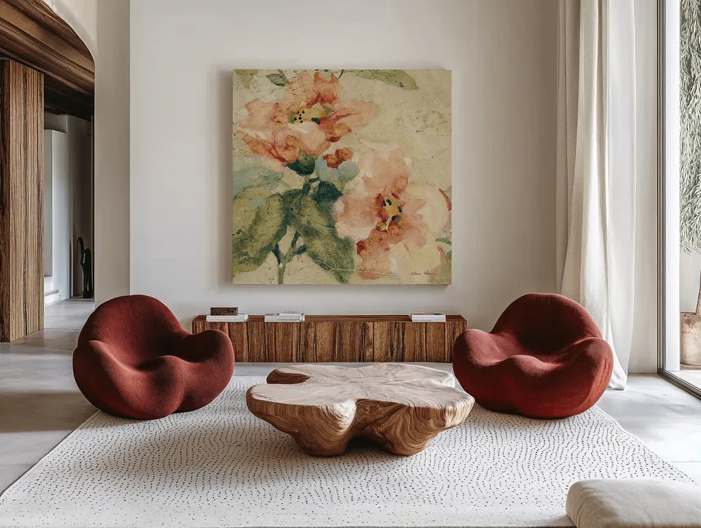 Provence Rose Crop I by Cheri Blum. Shown as extra-large giant wall art in a modern living room. Available as an archival giclee rolled canvas, fine art paper, or poster print. SKU 90753a.