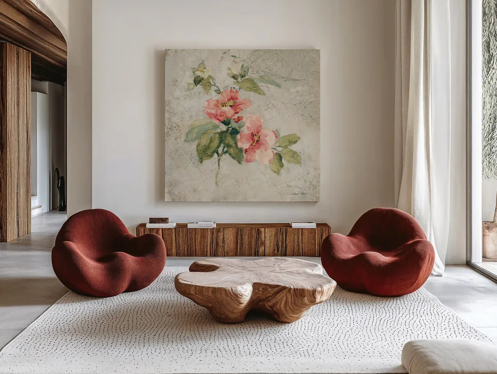 Provence Rose I Red and Neutral by Cheri Blum. Shown as extra-large giant wall art in a modern living room. Available as an archival giclee rolled canvas, fine art paper, or poster print. SKU 24462a.