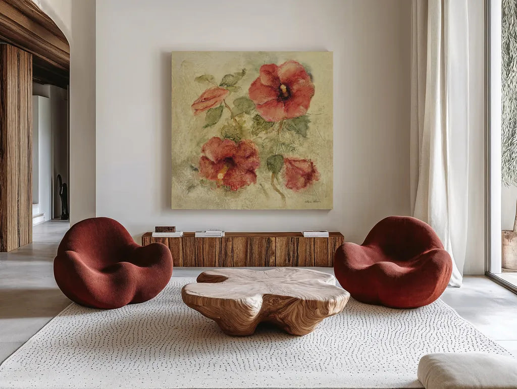 Soft Hibiscus I by Cheri Blum. Shown as extra-large giant wall art in a modern living room. Available as an archival giclee rolled canvas, fine art paper, or poster print. SKU 7540a.