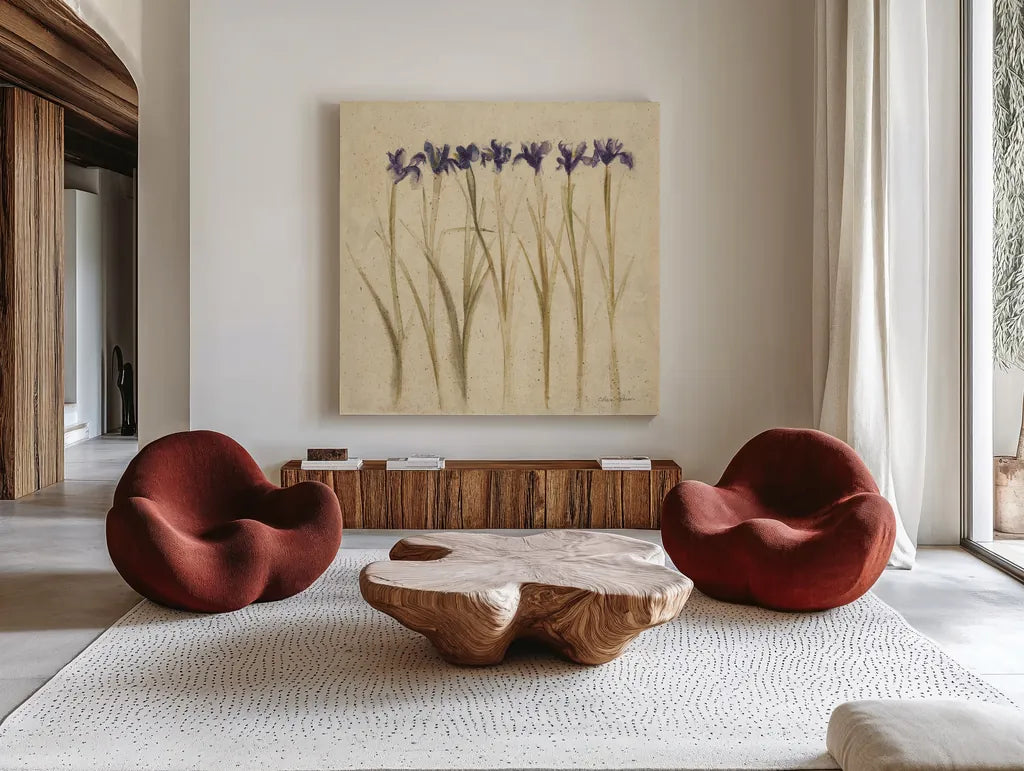 Stems of Iris by Cheri Blum. Shown as extra-large giant wall art in a modern living room. Available as an archival giclee rolled canvas, fine art paper, or poster print. SKU 7296a.