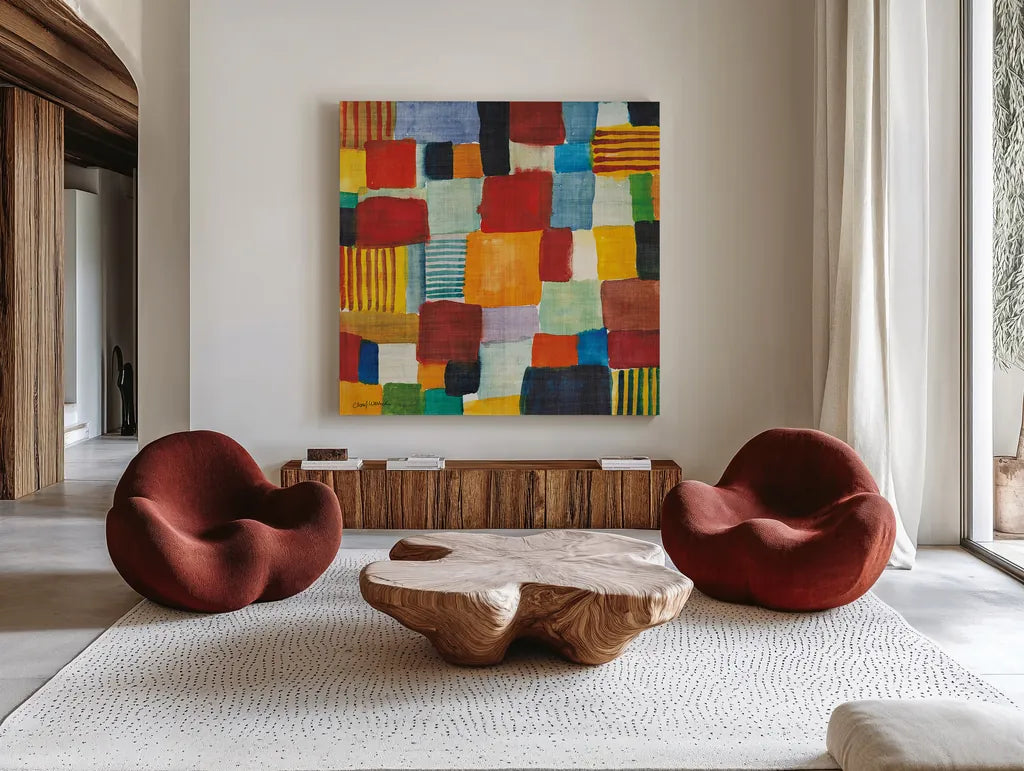 City Block I by Cheryl Warrick. Shown as extra-large giant wall art in a modern living room. Available as an archival giclee rolled canvas, fine art paper, or poster print. SKU 37795a.