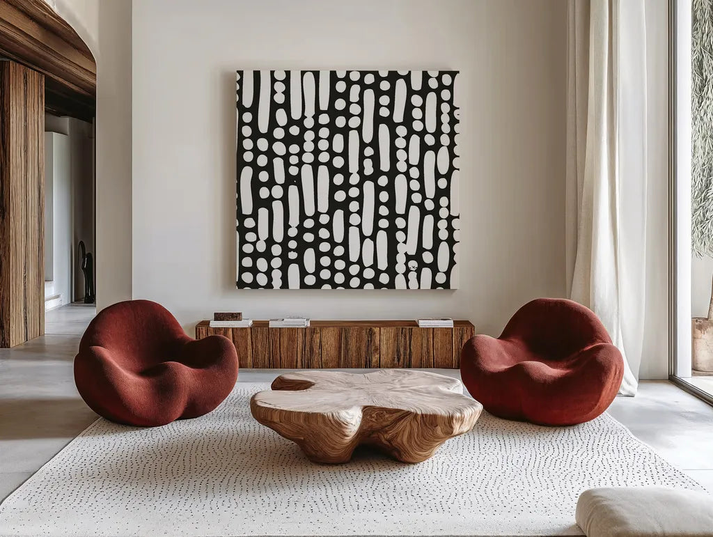 Cross Current Square Up I BW by Cheryl Warrick. Shown as extra-large giant wall art in a modern living room. Available as an archival giclee rolled canvas, fine art paper, or poster print. SKU 25304a.