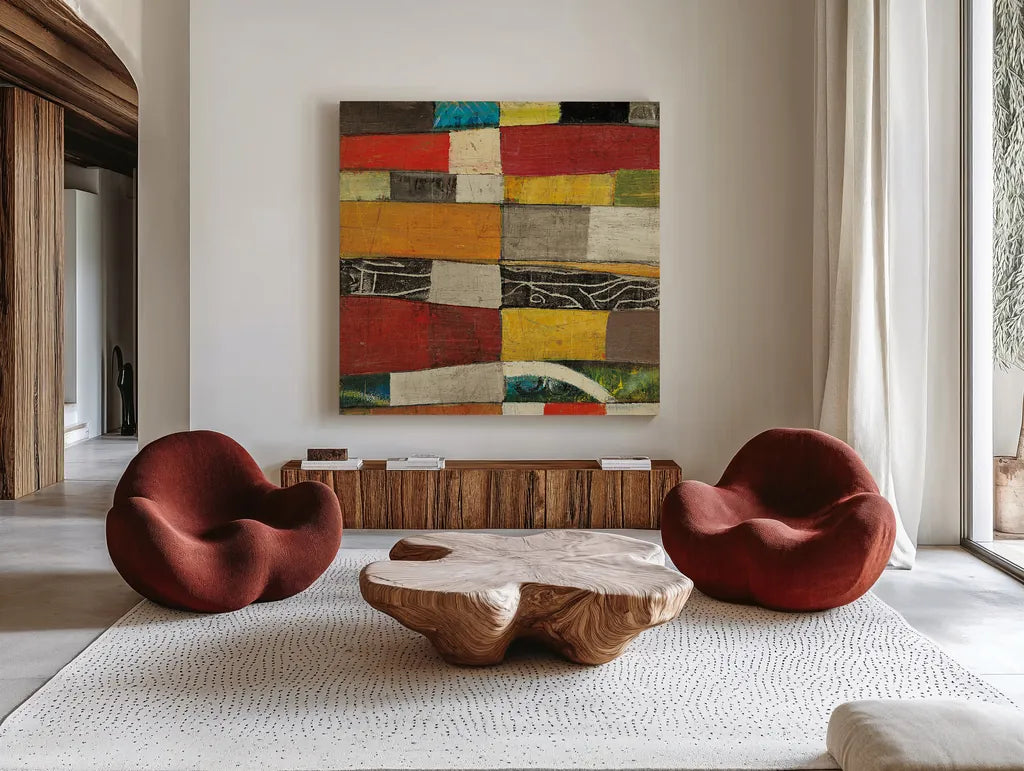 Eileen IV v2 by Cheryl Warrick. Shown as extra-large giant wall art in a modern living room. Available as an archival giclee rolled canvas, fine art paper, or poster print. SKU 37803a.