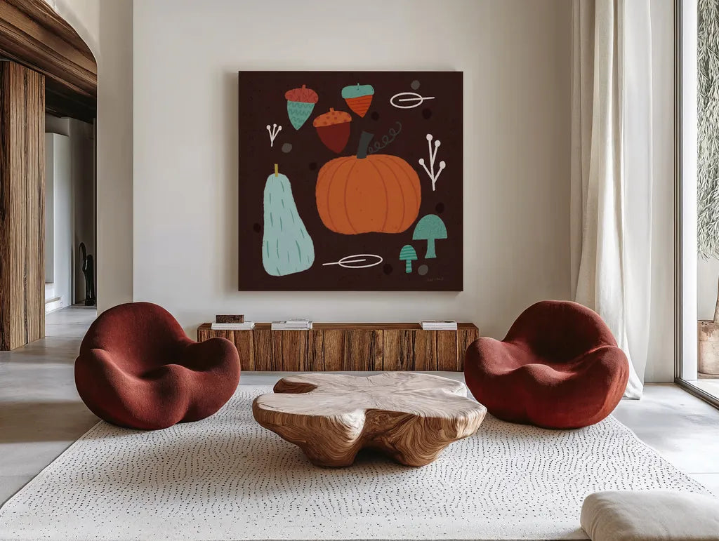 Fall Fun IX by Cheryl Warrick. Shown as extra-large giant wall art in a modern living room. Available as an archival giclee rolled canvas, fine art paper, or poster print. SKU 93052a.