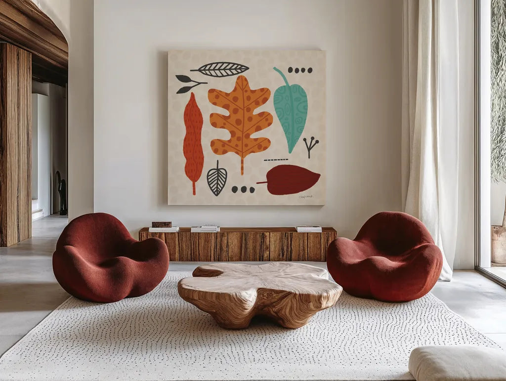 Fall Fun VI by Cheryl Warrick. Shown as extra-large giant wall art in a modern living room. Available as an archival giclee rolled canvas, fine art paper, or poster print. SKU 93049a.