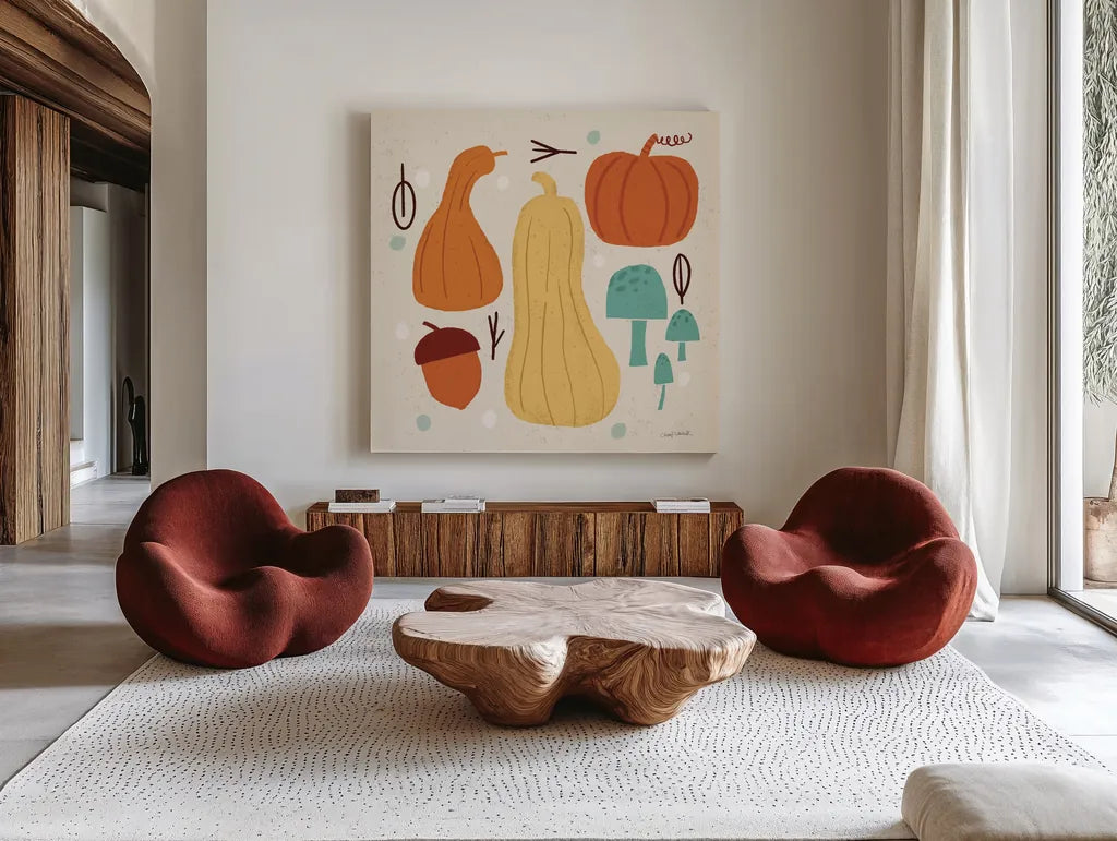 Fall Fun VIII by Cheryl Warrick. Shown as extra-large giant wall art in a modern living room. Available as an archival giclee rolled canvas, fine art paper, or poster print. SKU 93051a.