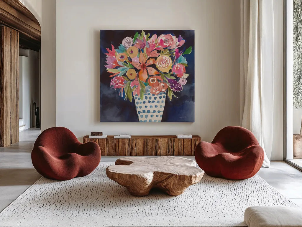 Floral Beauty VI by Cheryl Warrick. Shown as extra-large giant wall art in a modern living room. Available as an archival giclee rolled canvas, fine art paper, or poster print. SKU 86843a.