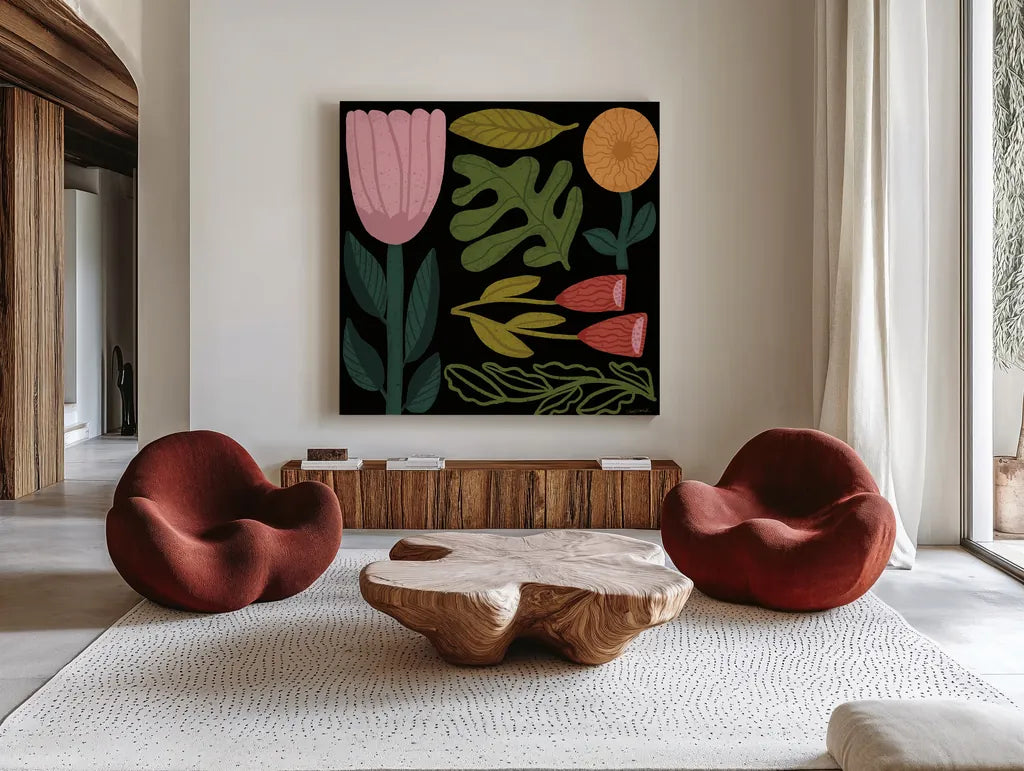 Flower Toss I by Cheryl Warrick. Shown as extra-large giant wall art in a modern living room. Available as an archival giclee rolled canvas, fine art paper, or poster print. SKU 90941a.