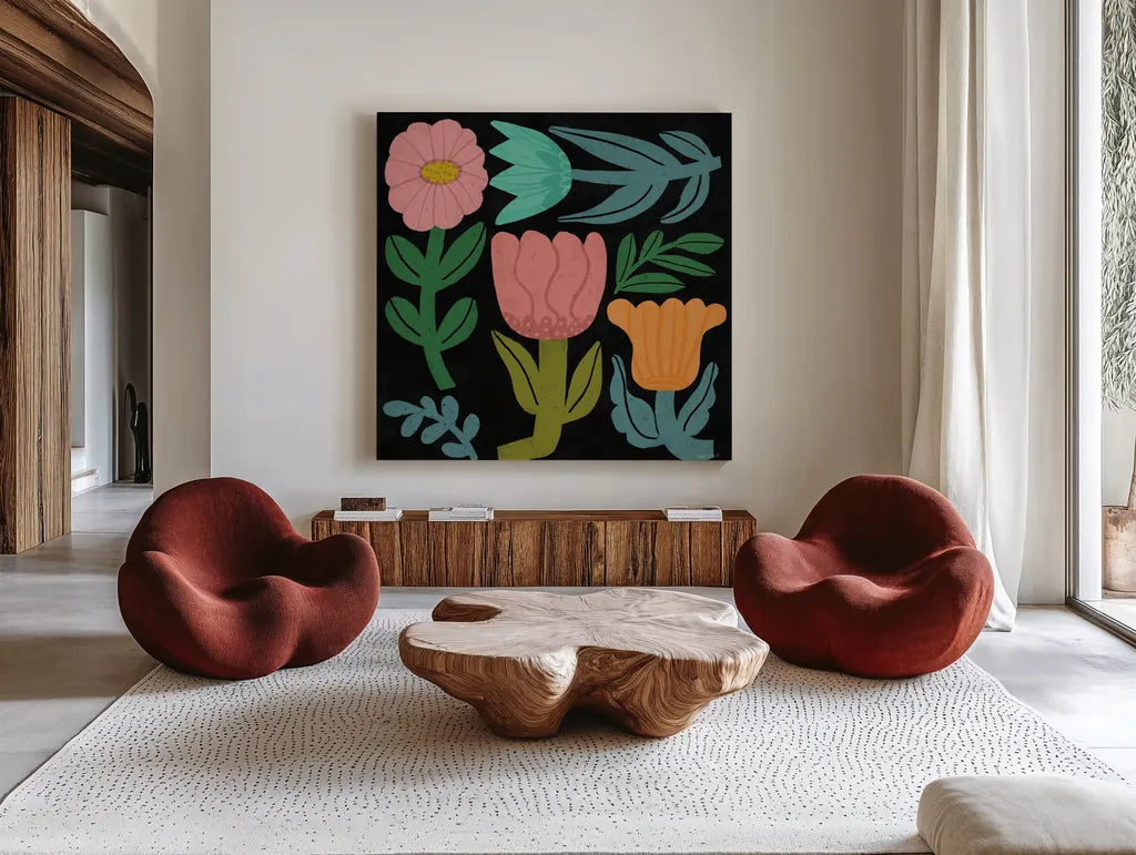 Flower Toss III by Cheryl Warrick. Shown as extra-large giant wall art in a modern living room. Available as an archival giclee rolled canvas, fine art paper, or poster print. SKU 90943a.