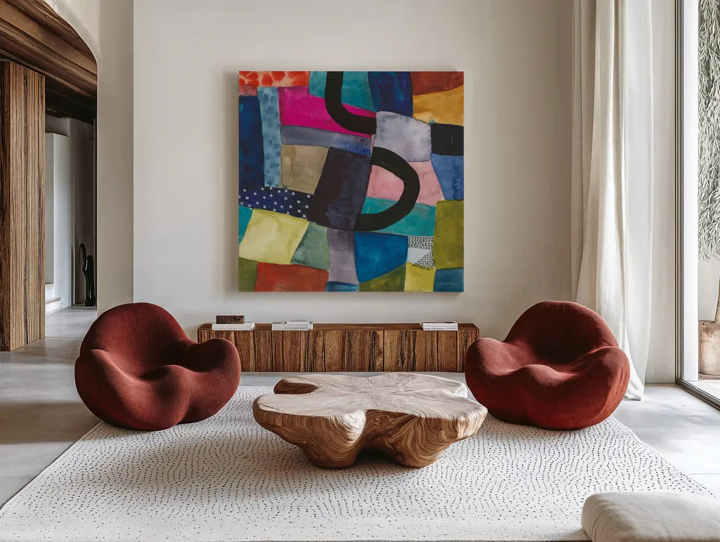 Freeway II by Cheryl Warrick. Shown as extra-large giant wall art in a modern living room. Available as an archival giclee rolled canvas, fine art paper, or poster print. SKU 86967a.