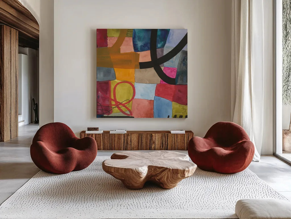 Freeway III by Cheryl Warrick. Shown as extra-large giant wall art in a modern living room. Available as an archival giclee rolled canvas, fine art paper, or poster print. SKU 86968a.
