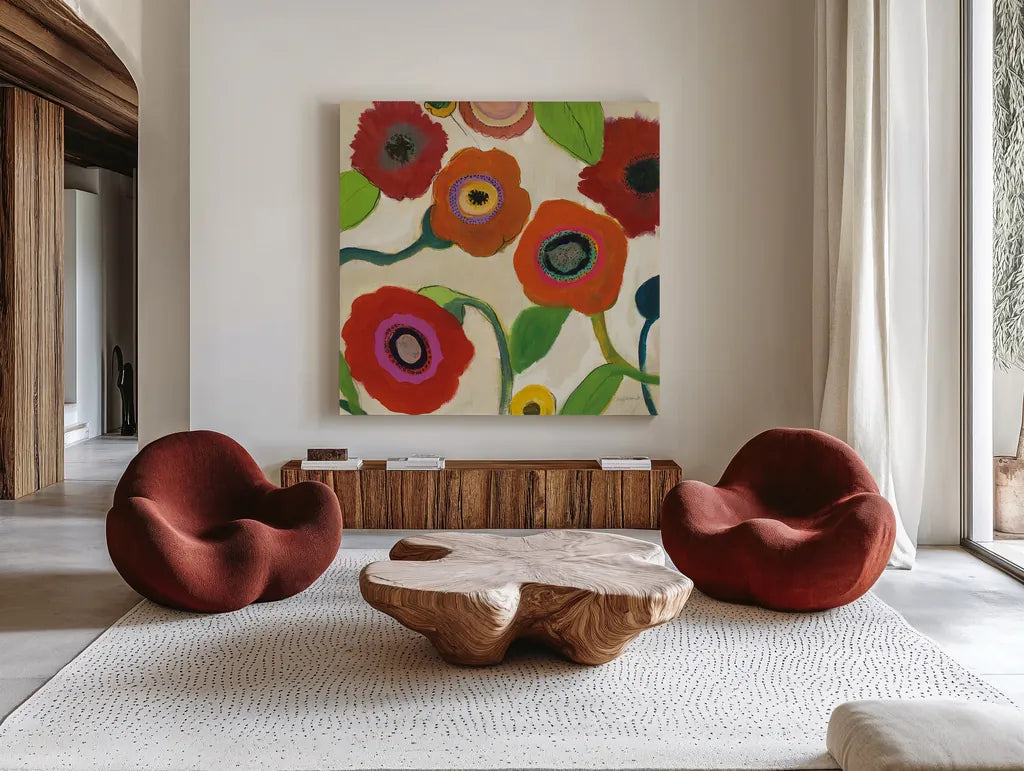 Garden Memory I by Cheryl Warrick. Shown as extra-large giant wall art in a modern living room. Available as an archival giclee rolled canvas, fine art paper, or poster print. SKU 16568a.