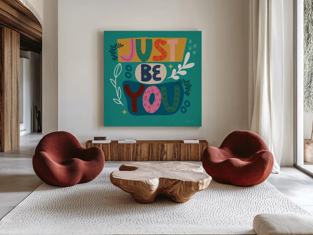 Happy Inspiration III by Cheryl Warrick. Shown as extra-large giant wall art in a modern living room. Available as an archival giclee rolled canvas, fine art paper, or poster print. SKU 90939a.