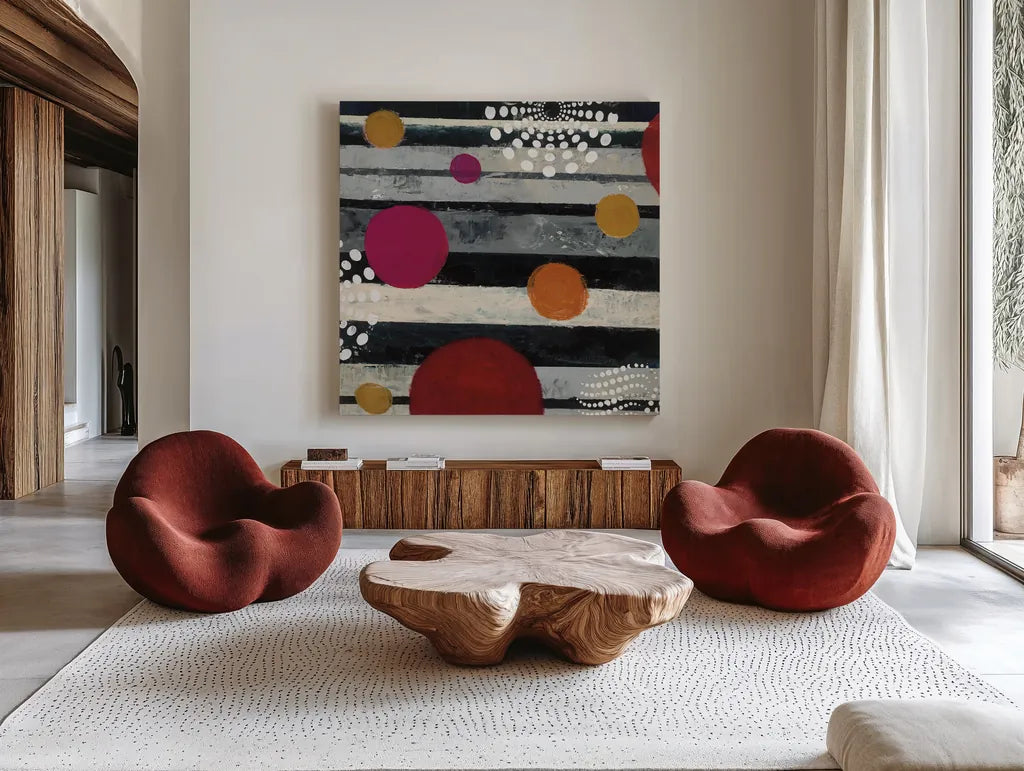 Harmony II by Cheryl Warrick. Shown as extra-large giant wall art in a modern living room. Available as an archival giclee rolled canvas, fine art paper, or poster print. SKU 17015a.