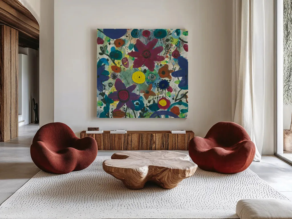 Jewel Garden I by Cheryl Warrick. Shown as extra-large giant wall art in a modern living room. Available as an archival giclee rolled canvas, fine art paper, or poster print. SKU 37827a.