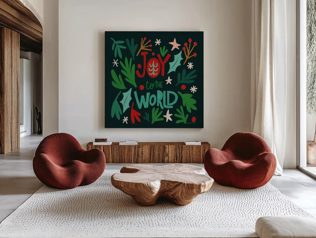 Joyful Holiday II by Cheryl Warrick. Shown as extra-large giant wall art in a modern living room. Available as an archival giclee rolled canvas, fine art paper, or poster print. SKU 87651a.