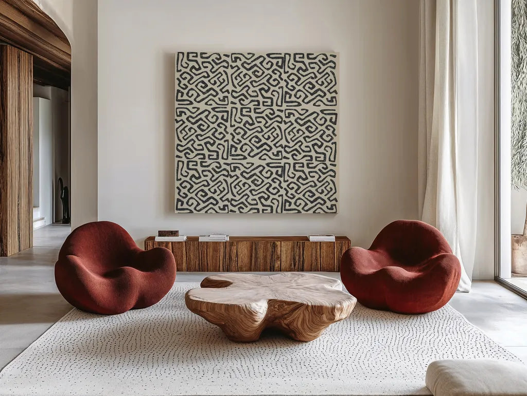Kuba Play I Neutral by Cheryl Warrick. Shown as extra-large giant wall art in a modern living room. Available as an archival giclee rolled canvas, fine art paper, or poster print. SKU 63178a.