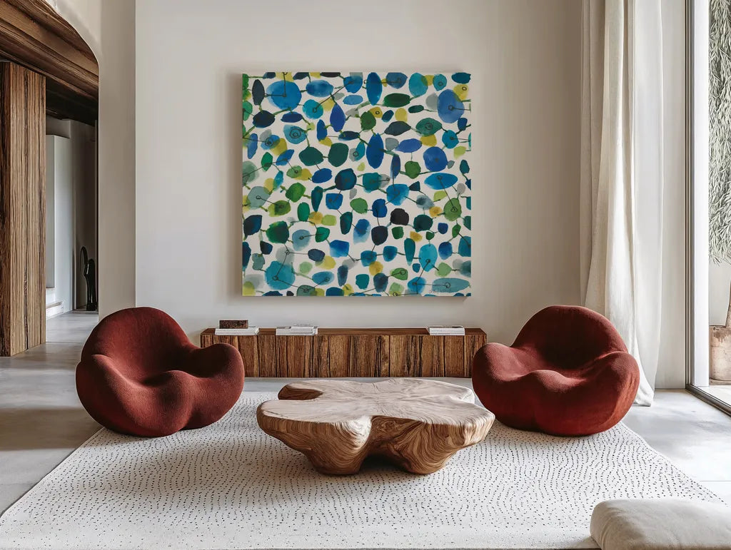 Mid Century III Crop by Cheryl Warrick. Shown as extra-large giant wall art in a modern living room. Available as an archival giclee rolled canvas, fine art paper, or poster print. SKU 18393a.