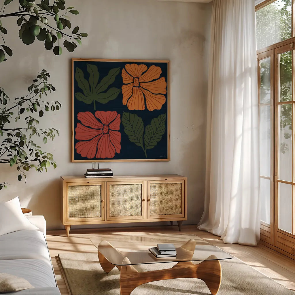 Modern Blooms IV by Cheryl Warrick. Shown in a natural wood frame in a cozy modern living room. Available as an archival giclee rolled canvas, fine art paper, or poster print. SKU 102951a.