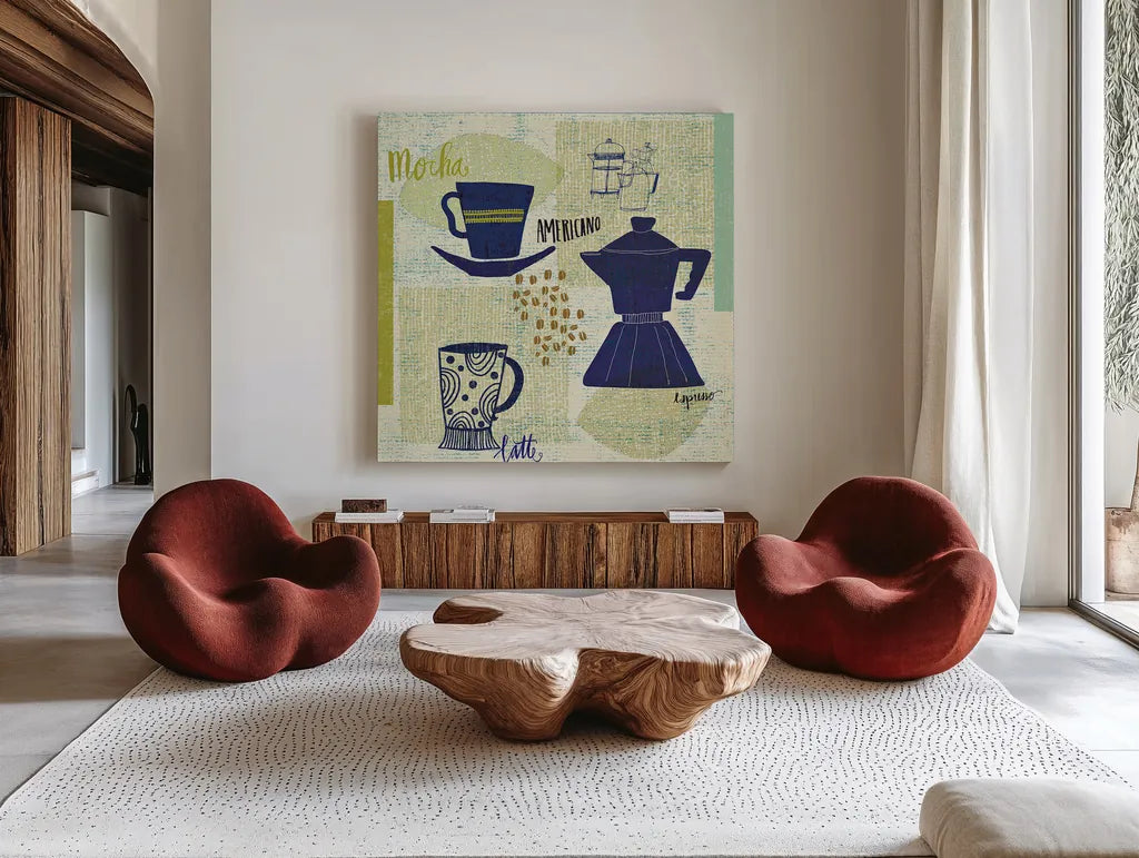 Modern Cafe II by Cheryl Warrick. Shown as extra-large giant wall art in a modern living room. Available as an archival giclee rolled canvas, fine art paper, or poster print. SKU 37839a.