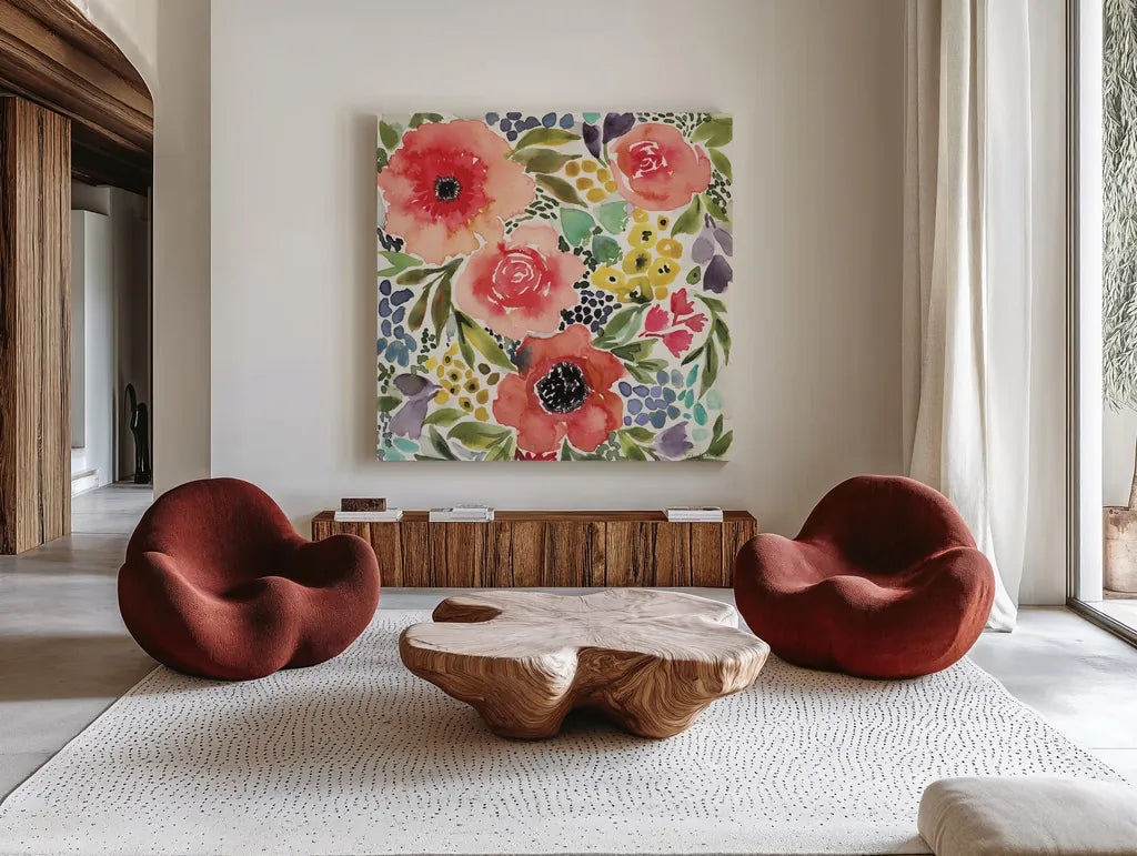 Ode to Spring II by Cheryl Warrick. Shown as extra-large giant wall art in a modern living room. Available as an archival giclee rolled canvas, fine art paper, or poster print. SKU 78385a.
