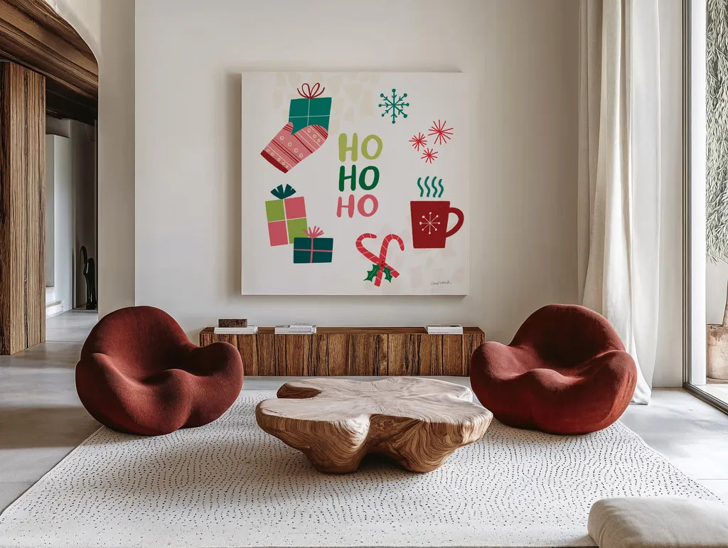 Peace Love Joy V by Cheryl Warrick. Shown as extra-large giant wall art in a modern living room. Available as an archival giclee rolled canvas, fine art paper, or poster print. SKU 79263a.