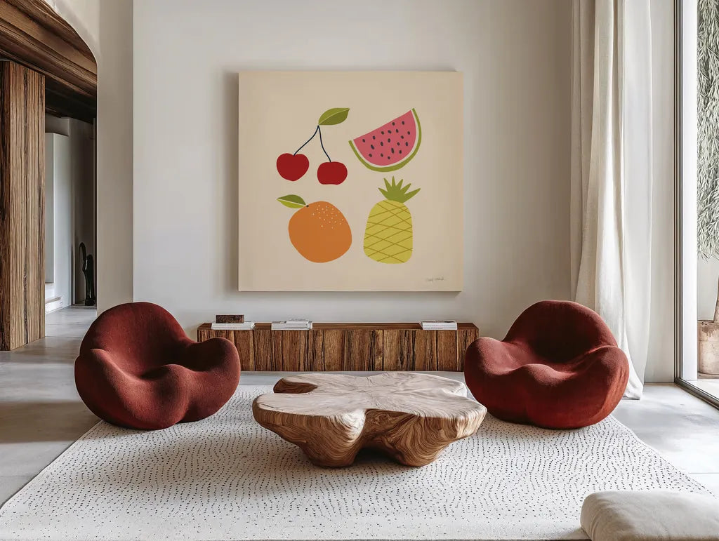 Summer Fruits II by Cheryl Warrick. Shown as extra-large giant wall art in a modern living room. Available as an archival giclee rolled canvas, fine art paper, or poster print. SKU 83598a.