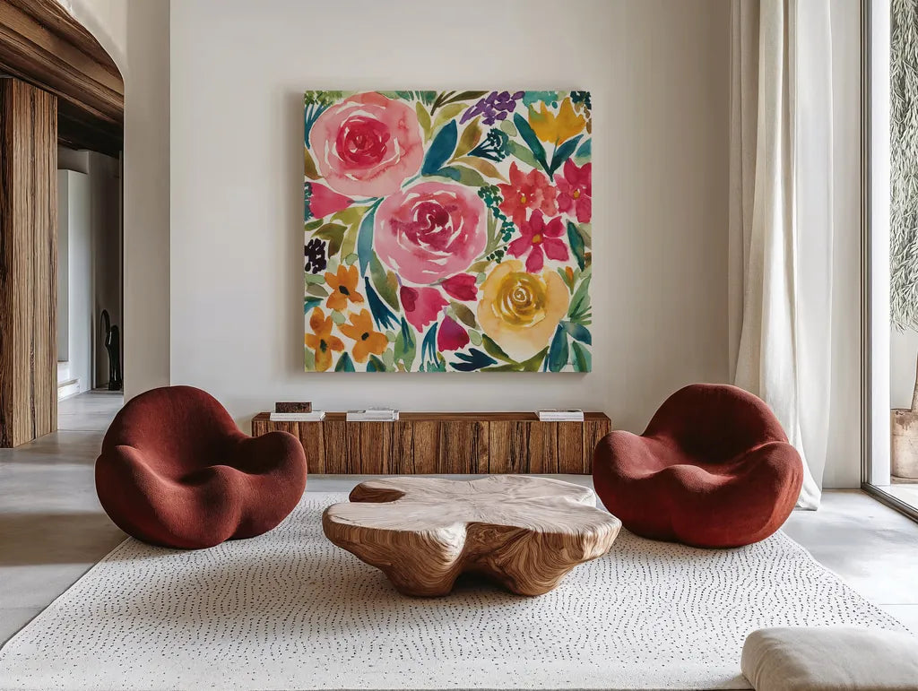 Summer Petals I by Cheryl Warrick. Shown as extra-large giant wall art in a modern living room. Available as an archival giclee rolled canvas, fine art paper, or poster print. SKU 78388a.