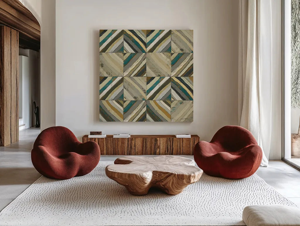 The Center I Abstract Turquoise by Cheryl Warrick. Shown as extra-large giant wall art in a modern living room. Available as an archival giclee rolled canvas, fine art paper, or poster print. SKU 13854a.