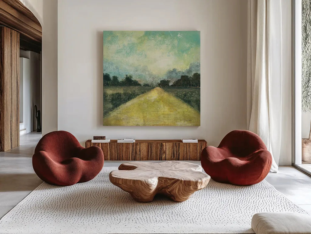 This Place III by Cheryl Warrick. Shown as extra-large giant wall art in a modern living room. Available as an archival giclee rolled canvas, fine art paper, or poster print. SKU 13360a.
