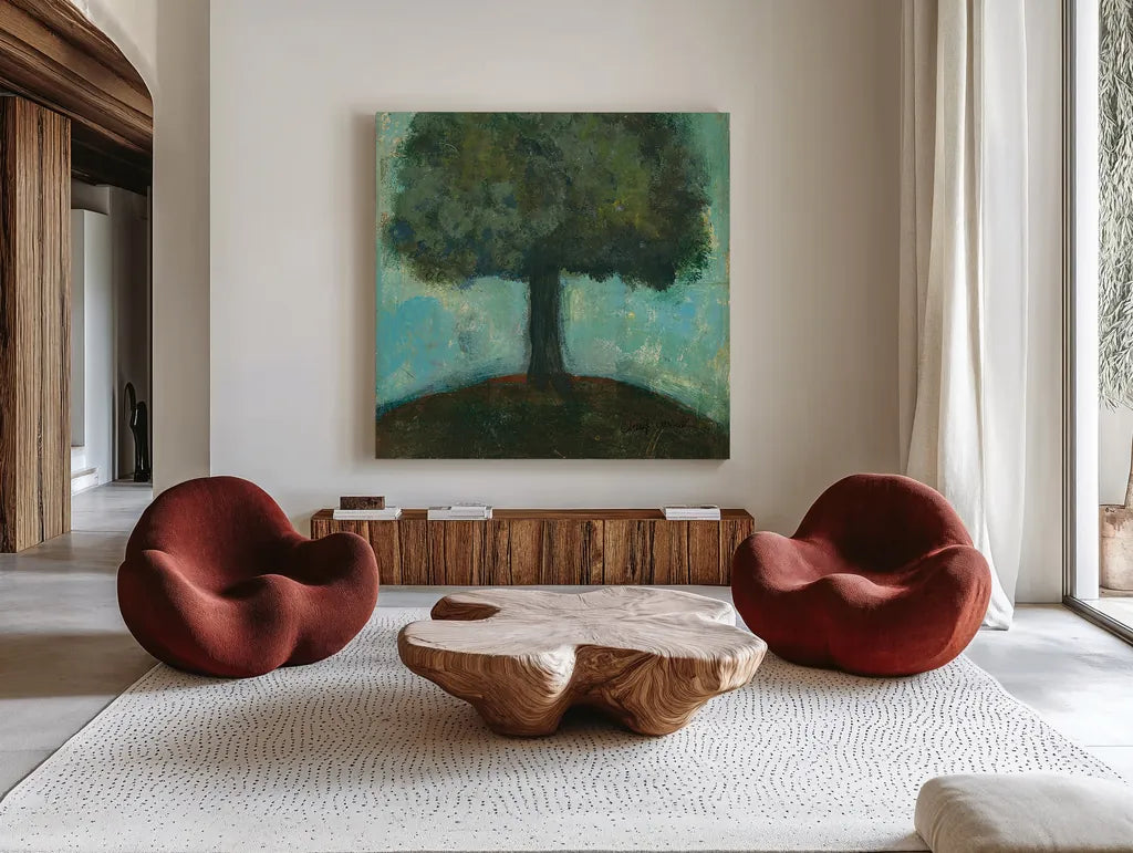 Under the Tree Square II by Cheryl Warrick. Shown as extra-large giant wall art in a modern living room. Available as an archival giclee rolled canvas, fine art paper, or poster print. SKU 37757a.