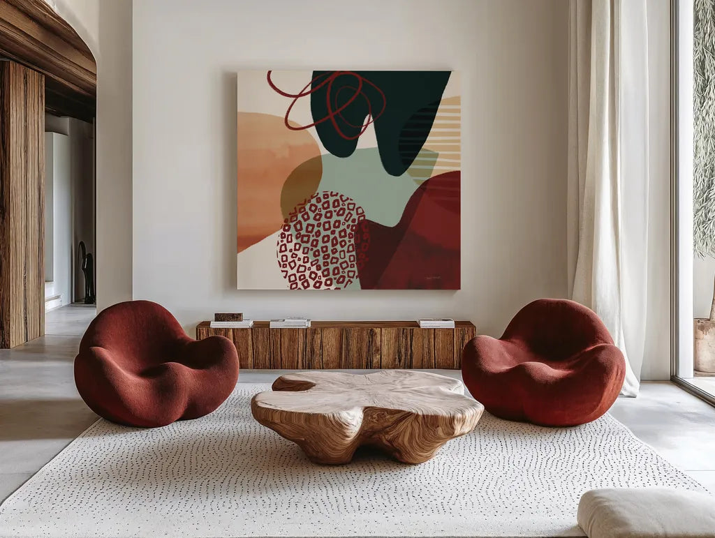 Variety II by Cheryl Warrick. Shown as extra-large giant wall art in a modern living room. Available as an archival giclee rolled canvas, fine art paper, or poster print. SKU 90930a.