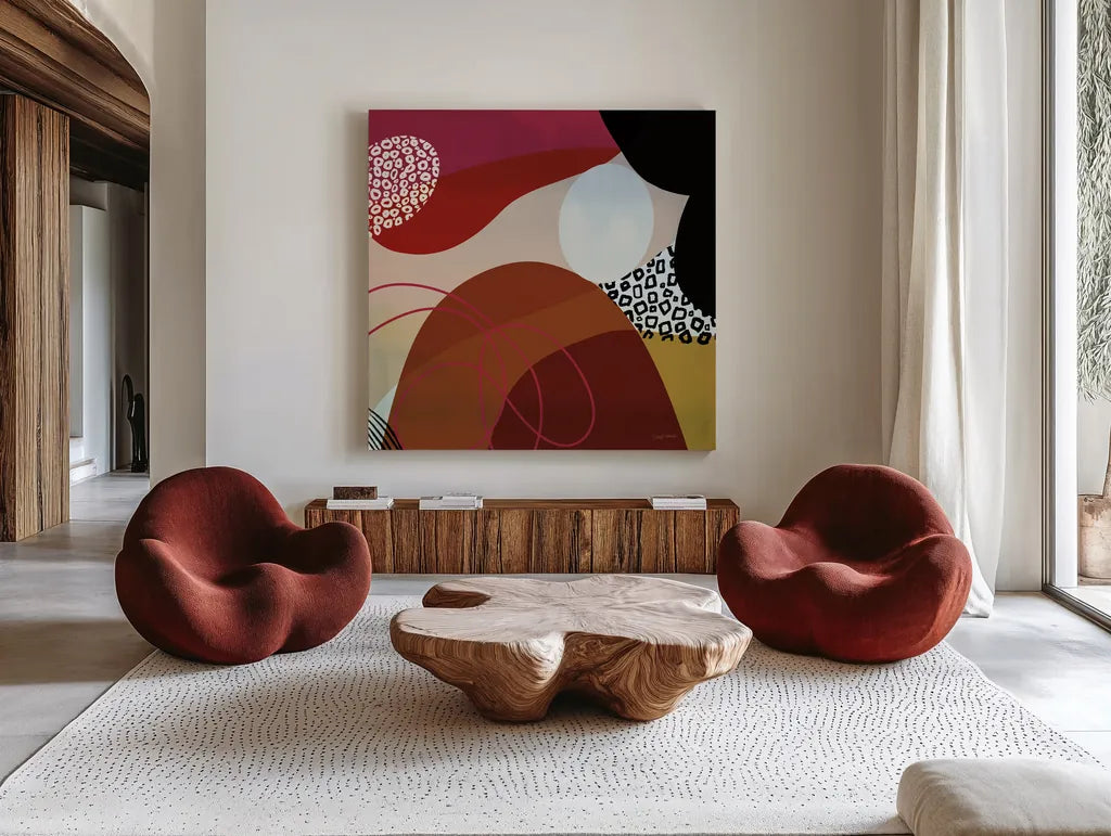 Variety VIII by Cheryl Warrick. Shown as extra-large giant wall art in a modern living room. Available as an archival giclee rolled canvas, fine art paper, or poster print. SKU 90936a.