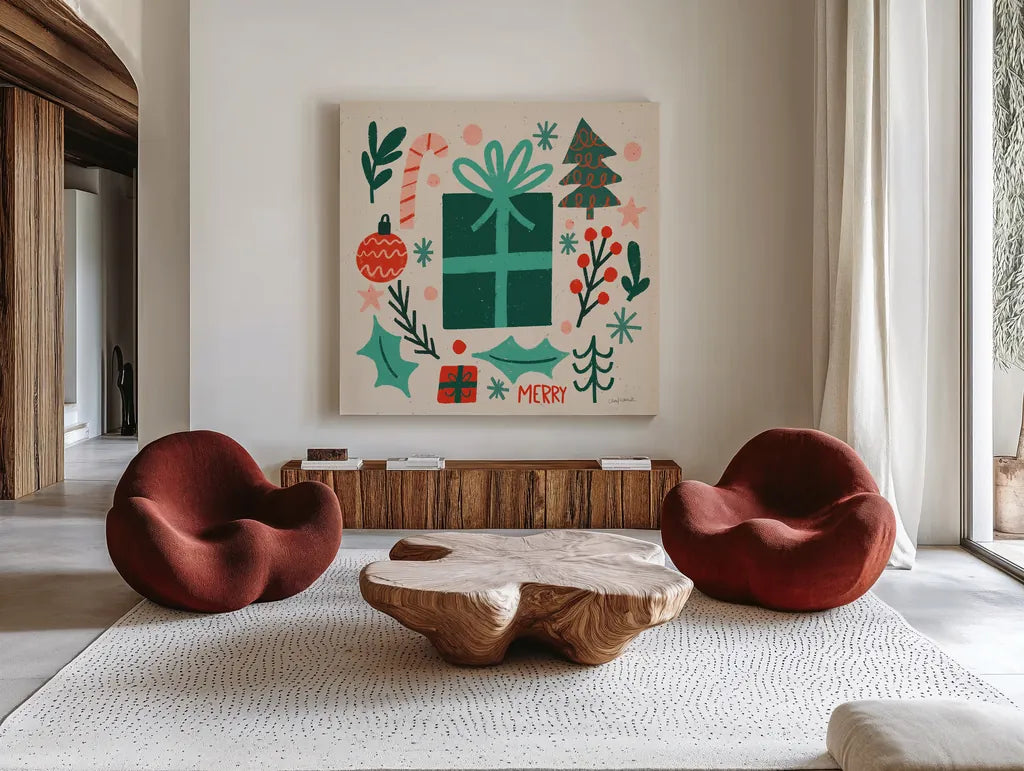Warm Wishes I by Cheryl Warrick. Shown as extra-large giant wall art in a modern living room. Available as an archival giclee rolled canvas, fine art paper, or poster print. SKU 97607a.