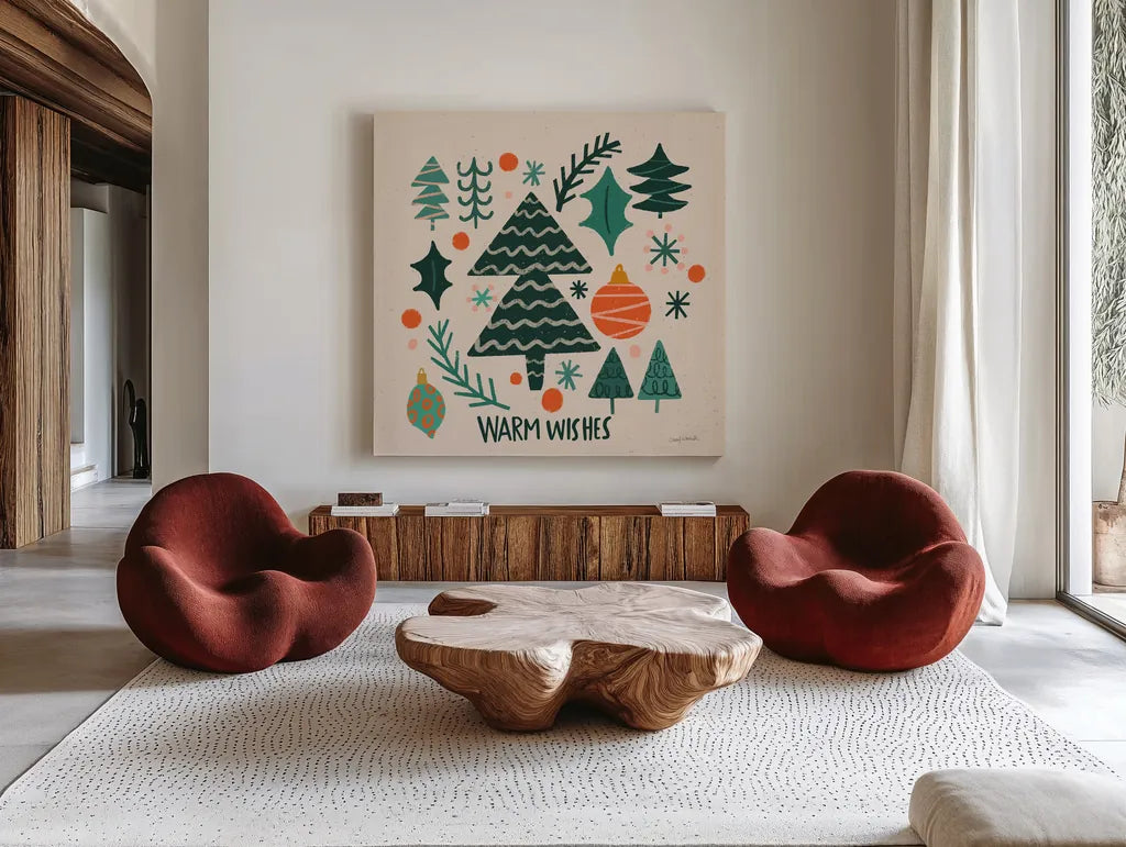 Warm Wishes IV by Cheryl Warrick. Shown as extra-large giant wall art in a modern living room. Available as an archival giclee rolled canvas, fine art paper, or poster print. SKU 97610a.