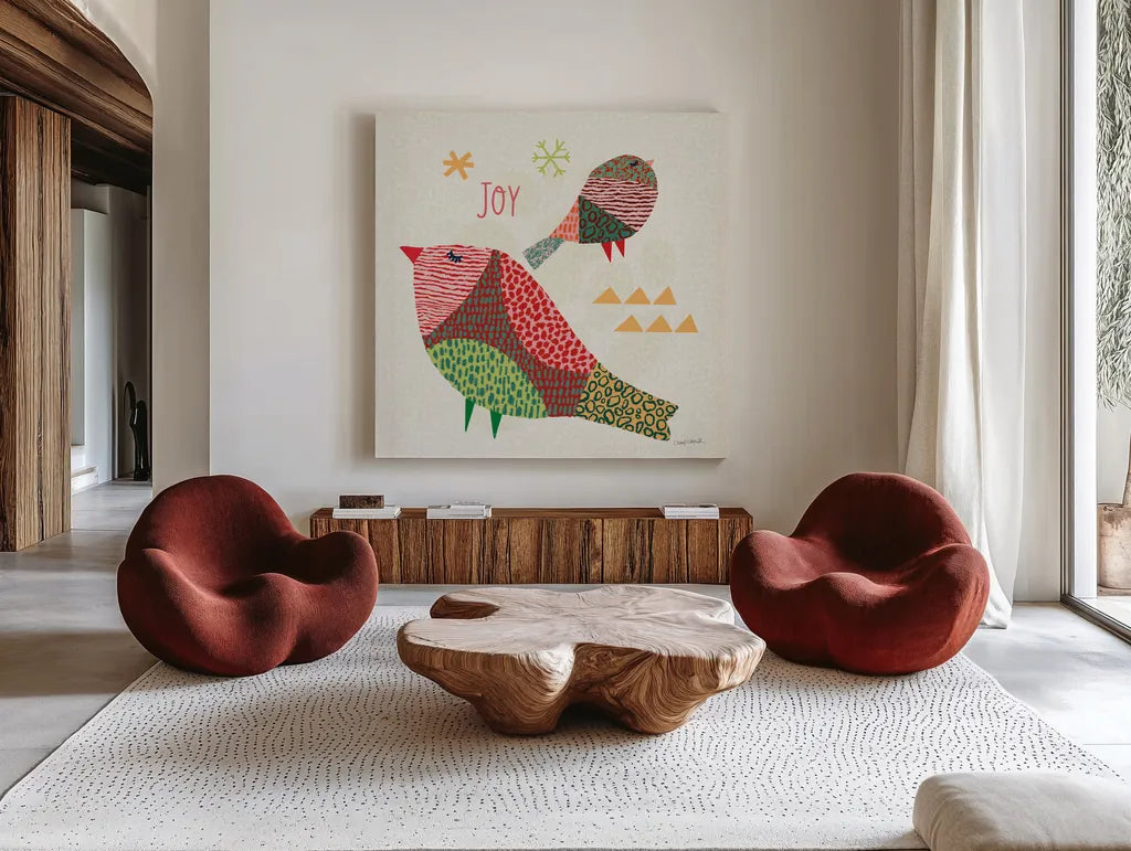 Winter Wonder II by Cheryl Warrick. Shown as extra-large giant wall art in a modern living room. Available as an archival giclee rolled canvas, fine art paper, or poster print. SKU 97604a.