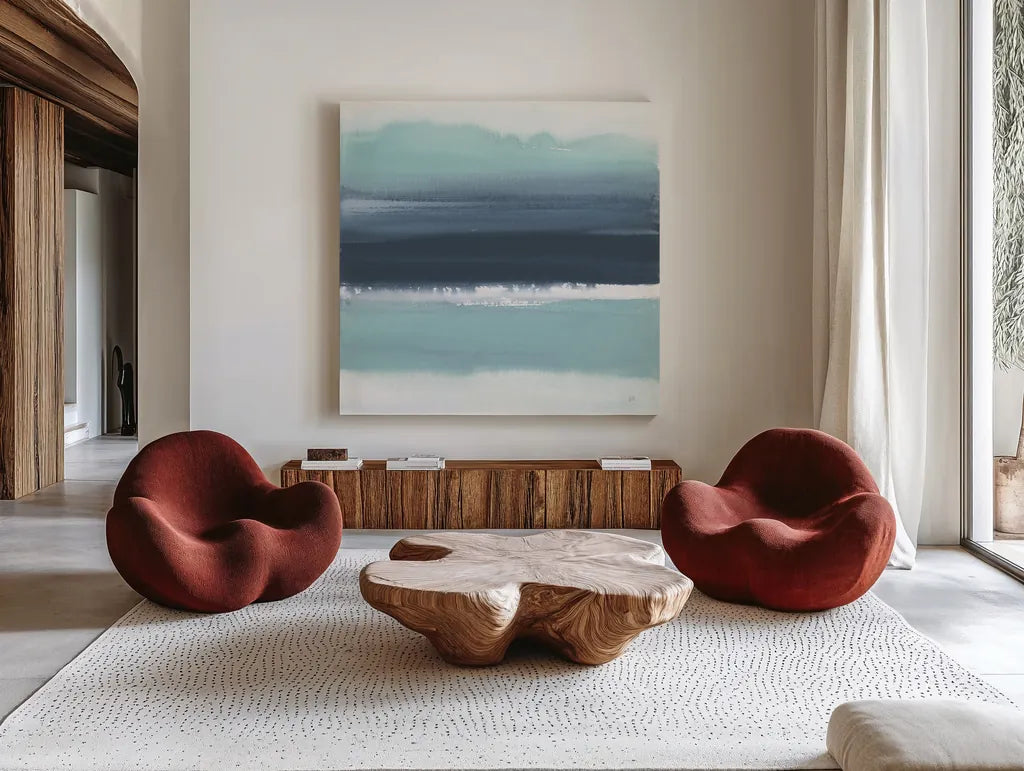 Altered Seascape II by Chris Paschke. Shown as extra-large giant wall art in a modern living room. Available as an archival giclee rolled canvas, fine art paper, or poster print. SKU 88357a.