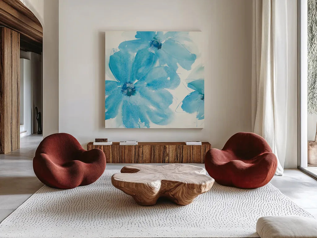 Aqua Mint Clematis I by Chris Paschke. Shown as extra-large giant wall art in a modern living room. Available as an archival giclee rolled canvas, fine art paper, or poster print. SKU 34002a.