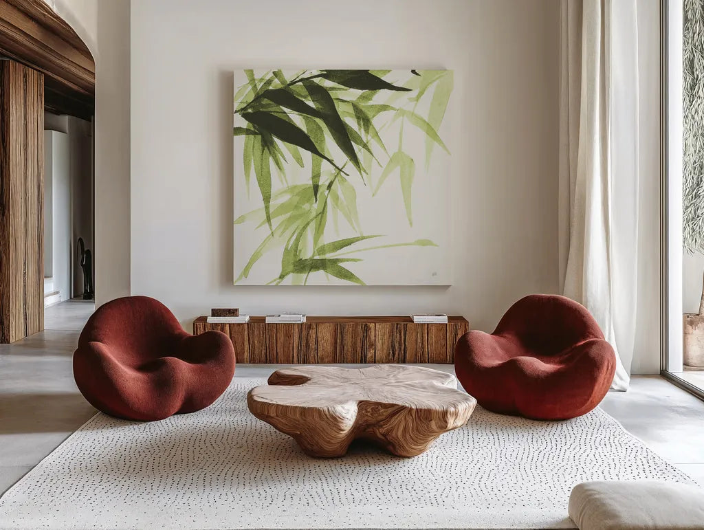 Bamboo IV Green by Chris Paschke. Shown as extra-large giant wall art in a modern living room. Available as an archival giclee rolled canvas, fine art paper, or poster print. SKU 58946a.