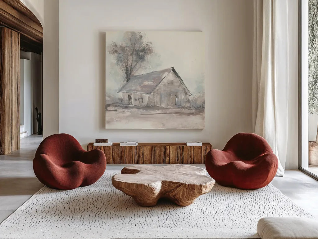 Barn III by Chris Paschke. Shown as extra-large giant wall art in a modern living room. Available as an archival giclee rolled canvas, fine art paper, or poster print. SKU 46692a.