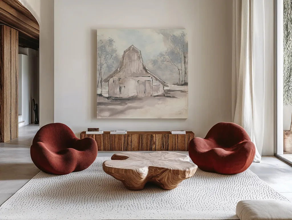 Barn VI by Chris Paschke. Shown as extra-large giant wall art in a modern living room. Available as an archival giclee rolled canvas, fine art paper, or poster print. SKU 46695a.