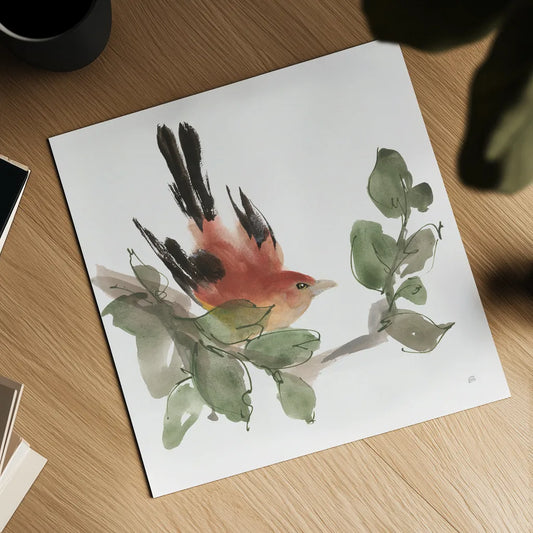 Bird and Leaves I by Chris Paschke. Shown as a detailed flat fine art print, highlighting archival giclee quality. Available as an archival giclee rolled canvas, fine art paper, or poster print. SKU 99362a.