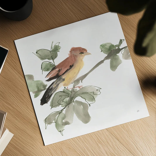 Bird and Leaves III by Chris Paschke. Shown as a detailed flat fine art print, highlighting archival giclee quality. Available as an archival giclee rolled canvas, fine art paper, or poster print. SKU 99364a.