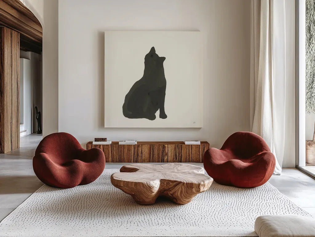 Black Cat I by Chris Paschke. Shown as extra-large giant wall art in a modern living room. Available as an archival giclee rolled canvas, fine art paper, or poster print. SKU 56269a.